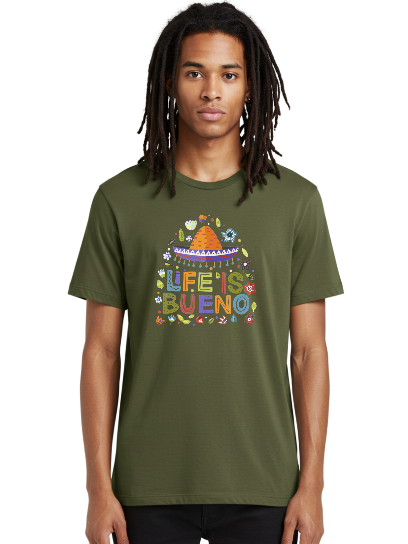 Life-Is-Bueno Men'S Graphic Tee, 100% Cotton, Comfortable Casual Summer Wear, Machine Washable, Colorful Sombrero, Vibrant Flowers, Festive Design, Fun Typography, Life Is Bueno Phrase, Lively Atmosphere, Festive Vibe, Celebration Theme, -  Aaa272