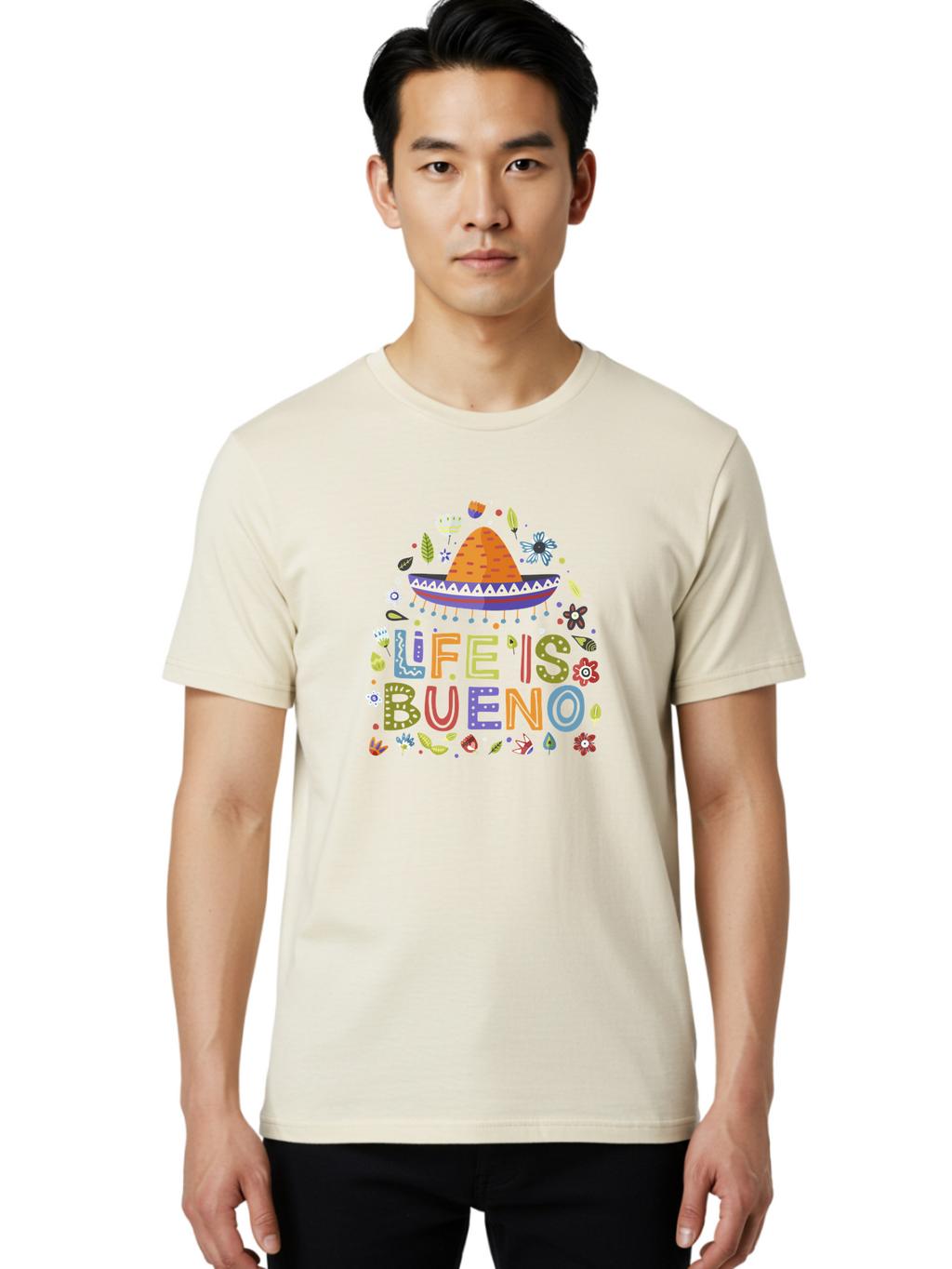 Life-Is-Bueno Men'S Graphic Tee, 100% Cotton, Comfortable Casual Summer Wear, Machine Washable, Colorful Sombrero, Vibrant Flowers, Festive Design, Fun Typography, Life Is Bueno Phrase, Lively Atmosphere, Festive Vibe, Celebration Theme, -  Aaa272