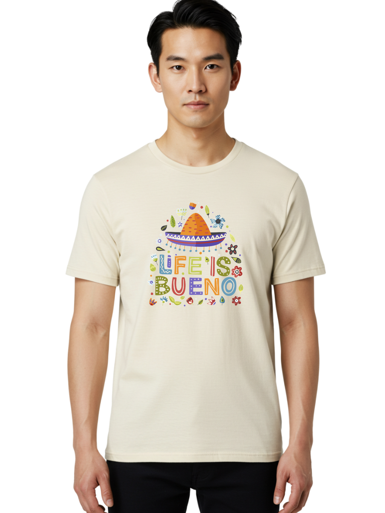 Life-Is-Bueno Men'S Graphic Tee, 100% Cotton, Comfortable Casual Summer Wear, Machine Washable, Colorful Sombrero, Vibrant Flowers, Festive Design, Fun Typography, Life Is Bueno Phrase, Lively Atmosphere, Festive Vibe, Celebration Theme, -  Aaa272