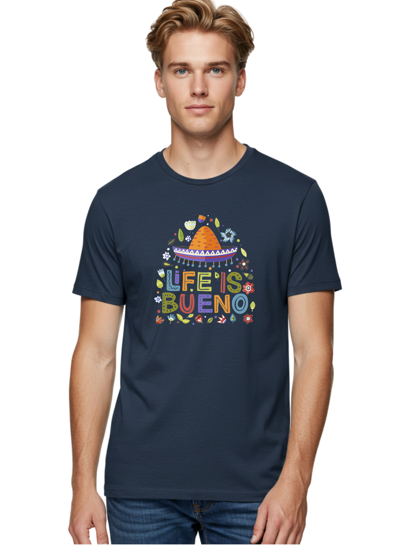 Life-Is-Bueno Men'S Graphic Tee, 100% Cotton, Comfortable Casual Summer Wear, Machine Washable, Colorful Sombrero, Vibrant Flowers, Festive Design, Fun Typography, Life Is Bueno Phrase, Lively Atmosphere, Festive Vibe, Celebration Theme, -  Aaa272