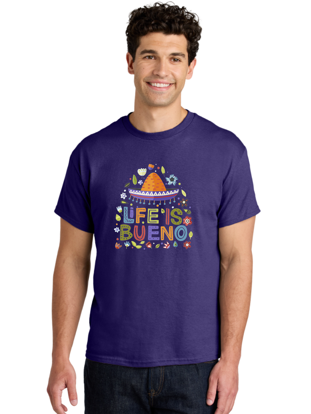 Life-Is-Bueno Men'S Graphic Tee, 100% Cotton, Comfortable Casual Summer Wear, Machine Washable, Colorful Sombrero, Vibrant Flowers, Festive Design, Fun Typography, Life Is Bueno Phrase, Lively Atmosphere, Festive Vibe, Celebration Theme, -  Aaa272