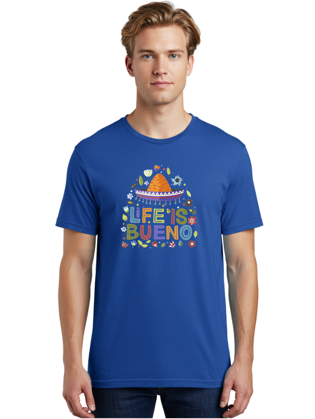 Life-Is-Bueno Men'S Graphic Tee, 100% Cotton, Comfortable Casual Summer Wear, Machine Washable, Colorful Sombrero, Vibrant Flowers, Festive Design, Fun Typography, Life Is Bueno Phrase, Lively Atmosphere, Festive Vibe, Celebration Theme, -  Aaa272