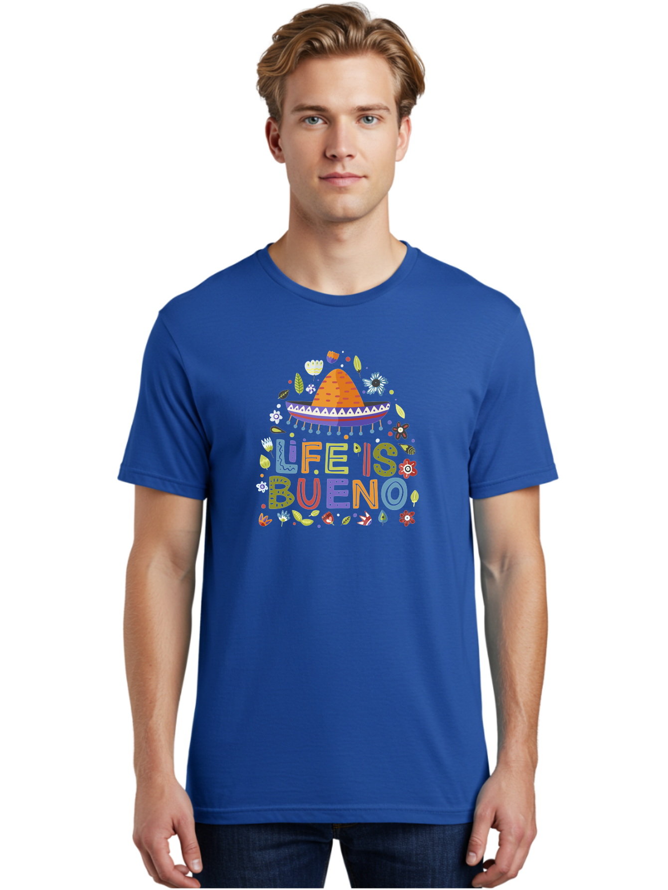 Life-Is-Bueno Men'S Graphic Tee, 100% Cotton, Comfortable Casual Summer Wear, Machine Washable, Colorful Sombrero, Vibrant Flowers, Festive Design, Fun Typography, Life Is Bueno Phrase, Lively Atmosphere, Festive Vibe, Celebration Theme, -  Aaa272