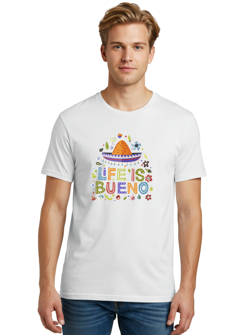 Life-Is-Bueno Men'S Graphic Tee, 100% Cotton, Comfortable Casual Summer Wear, Machine Washable, Colorful Sombrero, Vibrant Flowers, Festive Design, Fun Typography, Life Is Bueno Phrase, Lively Atmosphere, Festive Vibe, Celebration Theme, -  Aaa272