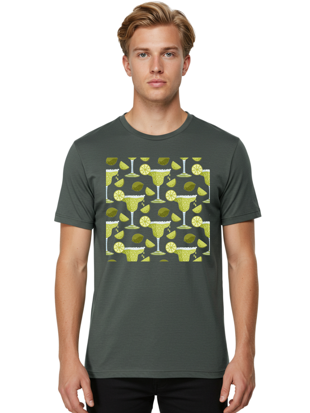 Margarita-Glasses-Lime-Wedges Men'S Graphic Tee, 100% Cotton, Comfortable Casual Summer Wear, Machine Washable, Margarita Glasses, Cocktail Glasses, Yellow Polka Dots, Salt Rims, Lime Wedges, Citrus Slices, Festive Patterns, -  Aaa277