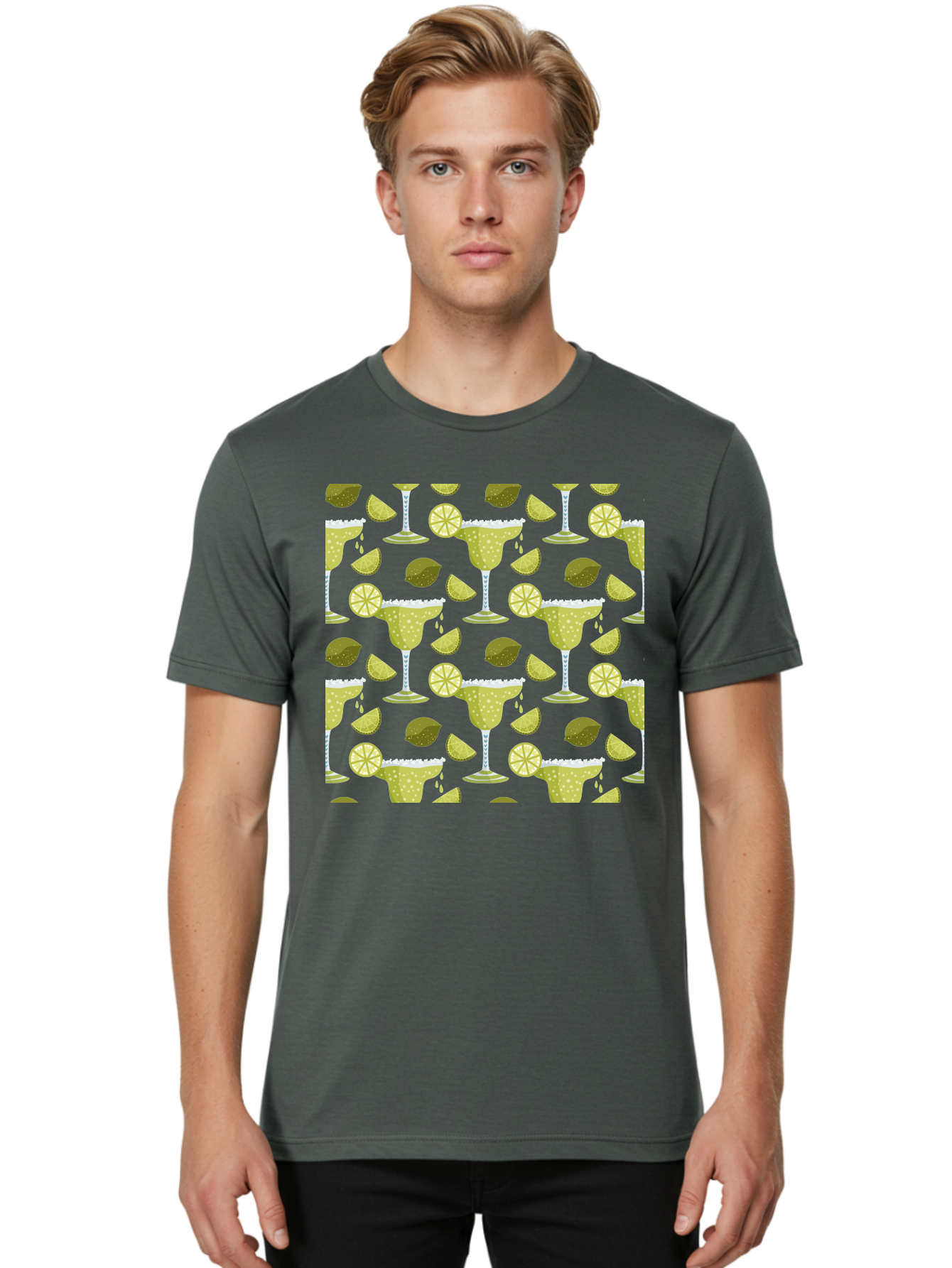 Margarita-Glasses-Lime-Wedges Men'S Graphic Tee, 100% Cotton, Comfortable Casual Summer Wear, Machine Washable, Margarita Glasses, Cocktail Glasses, Yellow Polka Dots, Salt Rims, Lime Wedges, Citrus Slices, Festive Patterns, -  Aaa277