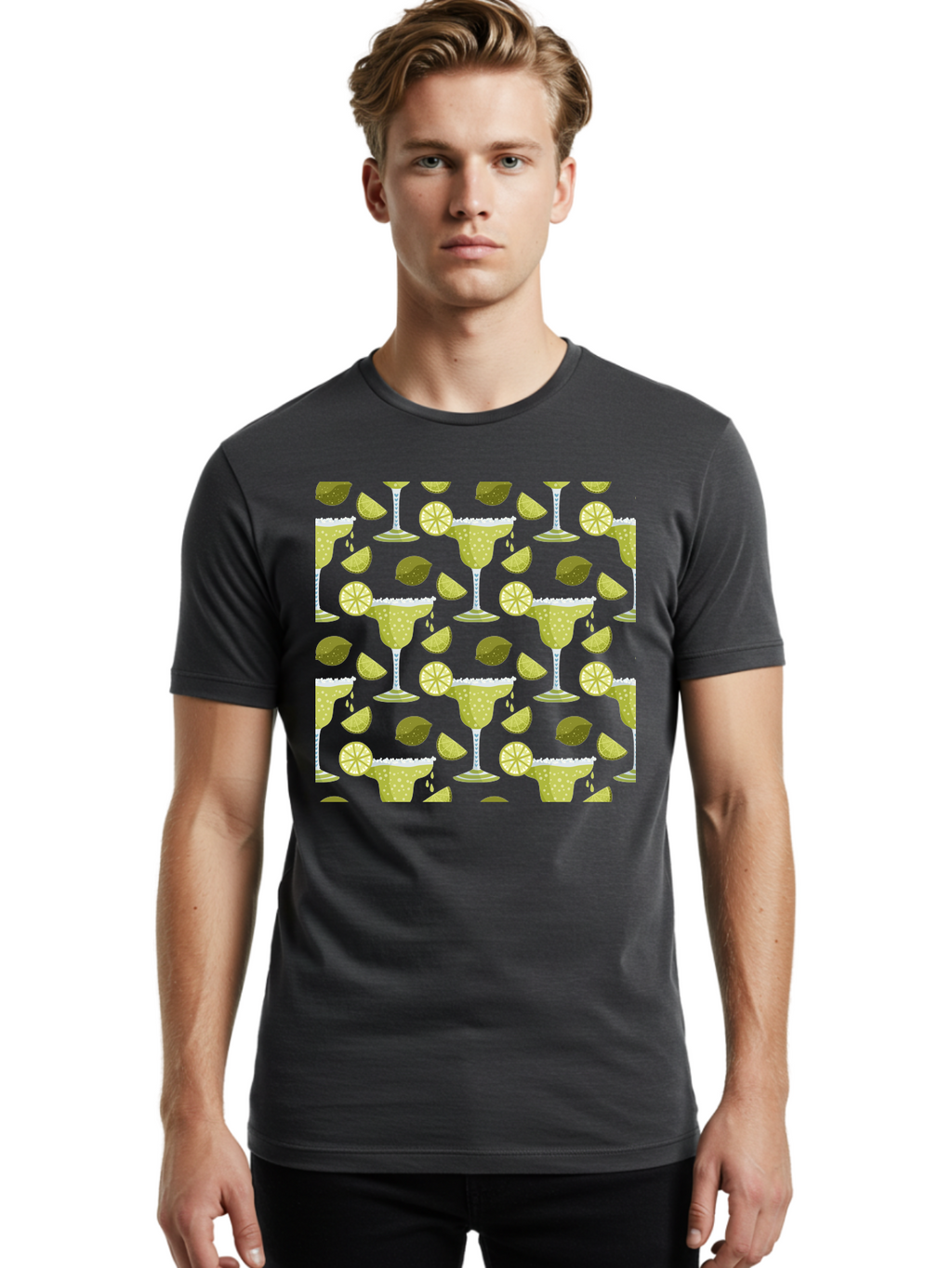 Margarita-Glasses-Lime-Wedges Men'S Graphic Tee, 100% Cotton, Comfortable Casual Summer Wear, Machine Washable, Margarita Glasses, Cocktail Glasses, Yellow Polka Dots, Salt Rims, Lime Wedges, Citrus Slices, Festive Patterns, -  Aaa277