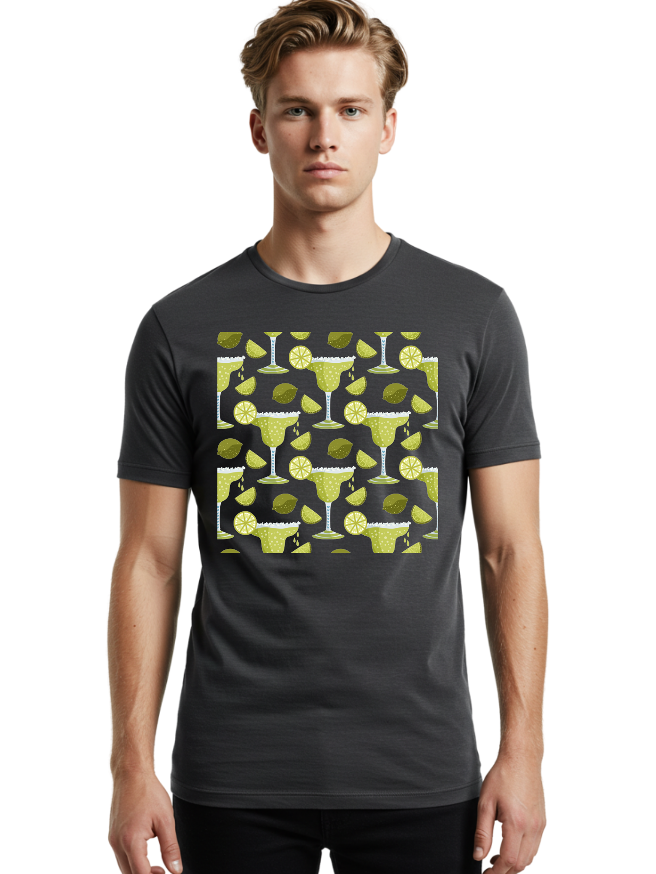 Margarita-Glasses-Lime-Wedges Men'S Graphic Tee, 100% Cotton, Comfortable Casual Summer Wear, Machine Washable, Margarita Glasses, Cocktail Glasses, Yellow Polka Dots, Salt Rims, Lime Wedges, Citrus Slices, Festive Patterns, -  Aaa277