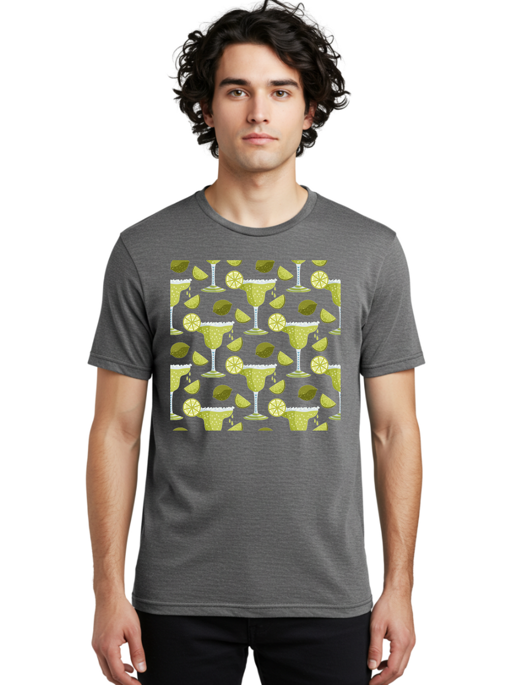 Margarita-Glasses-Lime-Wedges Men'S Graphic Tee, 100% Cotton, Comfortable Casual Summer Wear, Machine Washable, Margarita Glasses, Cocktail Glasses, Yellow Polka Dots, Salt Rims, Lime Wedges, Citrus Slices, Festive Patterns, -  Aaa277