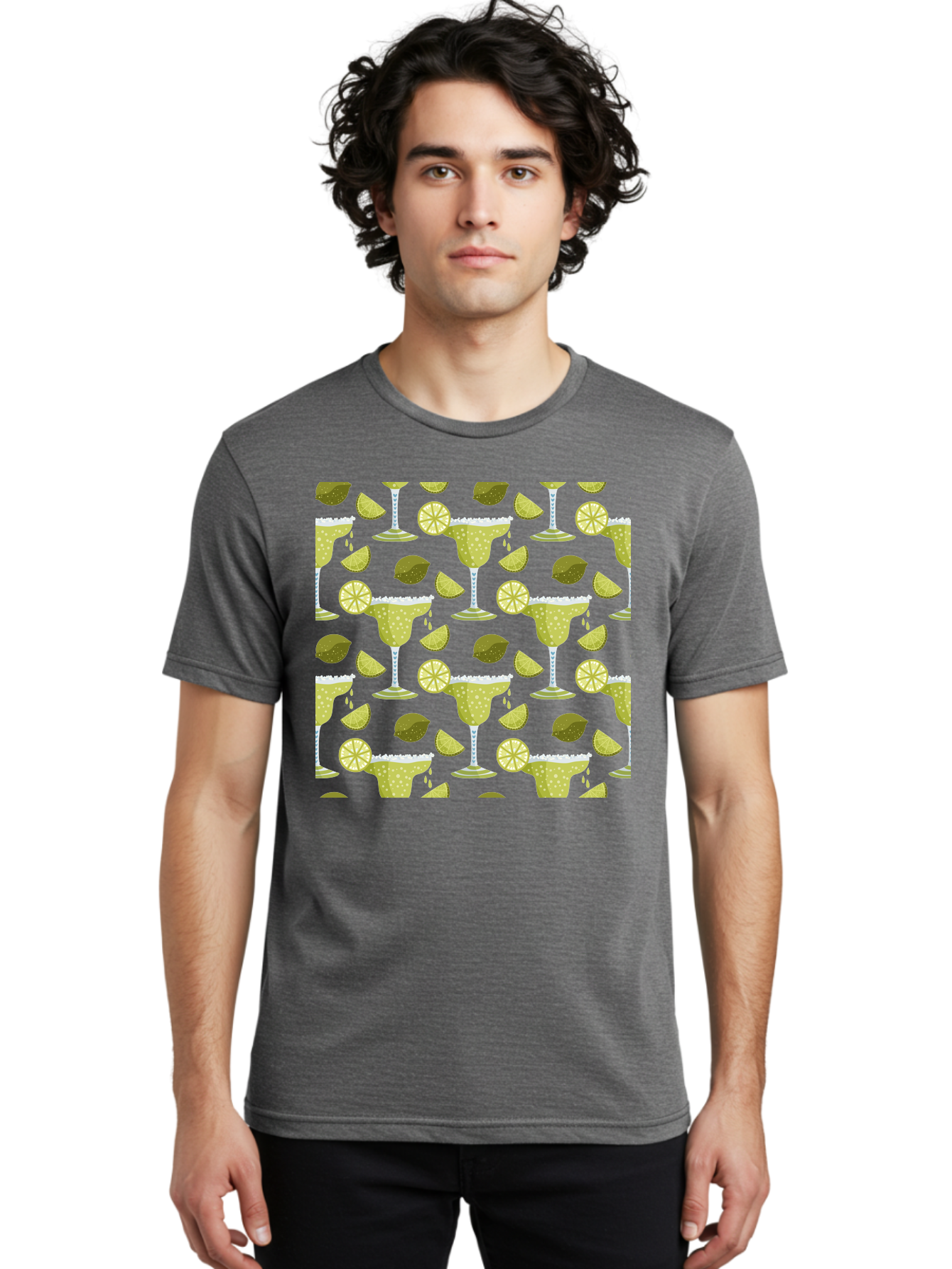 Margarita-Glasses-Lime-Wedges Men'S Graphic Tee, 100% Cotton, Comfortable Casual Summer Wear, Machine Washable, Margarita Glasses, Cocktail Glasses, Yellow Polka Dots, Salt Rims, Lime Wedges, Citrus Slices, Festive Patterns, -  Aaa277