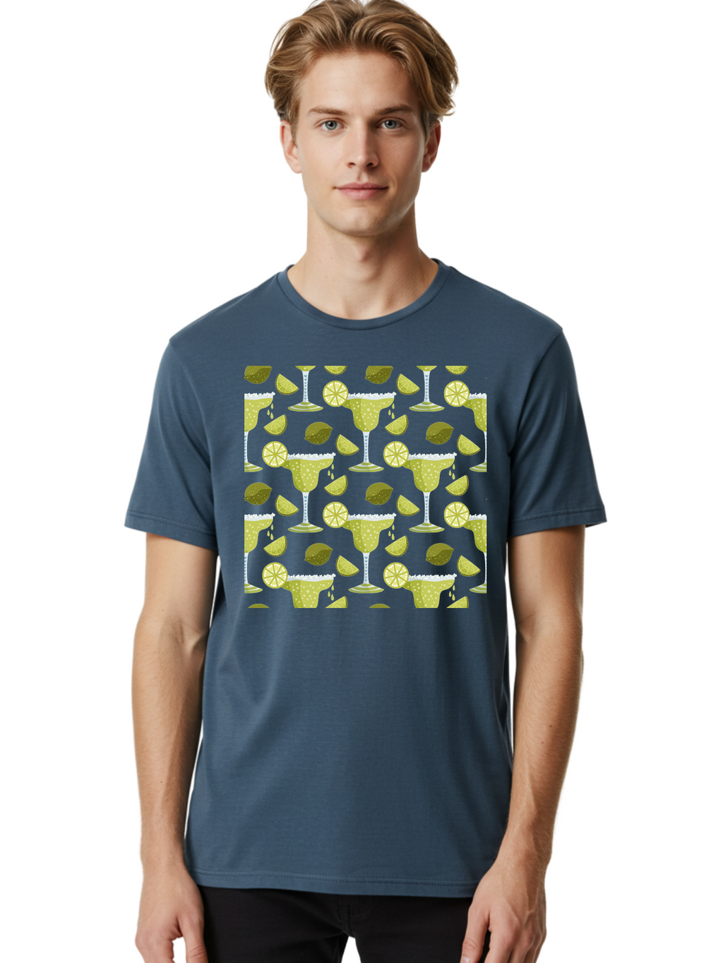 Margarita-Glasses-Lime-Wedges Men'S Graphic Tee, 100% Cotton, Comfortable Casual Summer Wear, Machine Washable, Margarita Glasses, Cocktail Glasses, Yellow Polka Dots, Salt Rims, Lime Wedges, Citrus Slices, Festive Patterns, -  Aaa277
