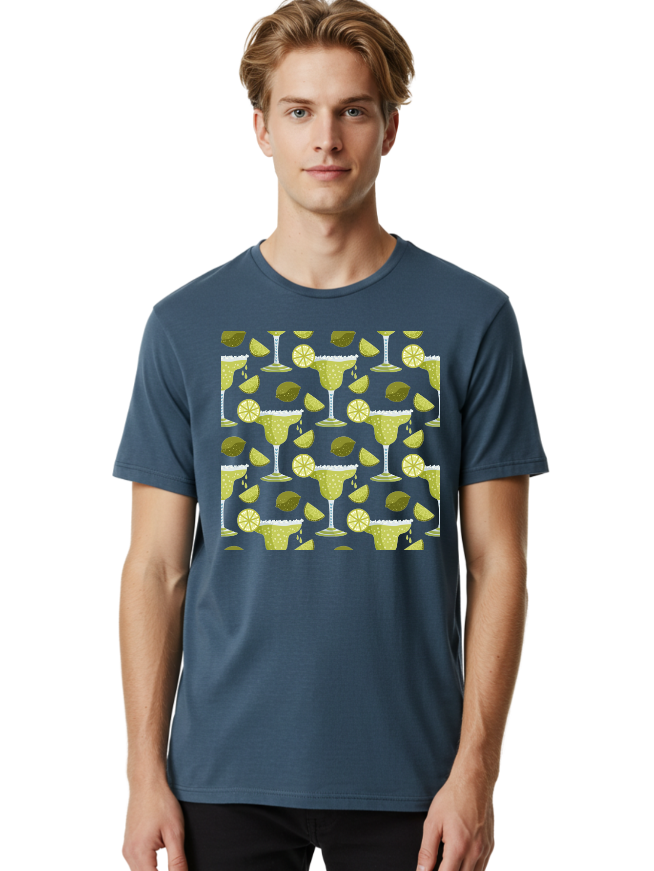 Margarita-Glasses-Lime-Wedges Men'S Graphic Tee, 100% Cotton, Comfortable Casual Summer Wear, Machine Washable, Margarita Glasses, Cocktail Glasses, Yellow Polka Dots, Salt Rims, Lime Wedges, Citrus Slices, Festive Patterns, -  Aaa277