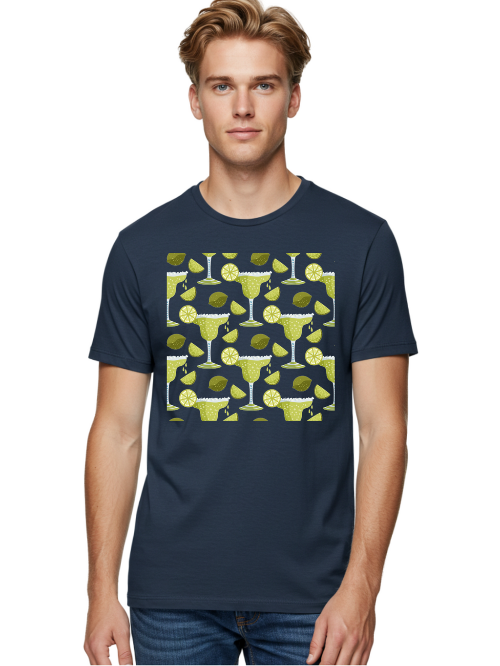 Margarita-Glasses-Lime-Wedges Men'S Graphic Tee, 100% Cotton, Comfortable Casual Summer Wear, Machine Washable, Margarita Glasses, Cocktail Glasses, Yellow Polka Dots, Salt Rims, Lime Wedges, Citrus Slices, Festive Patterns, -  Aaa277
