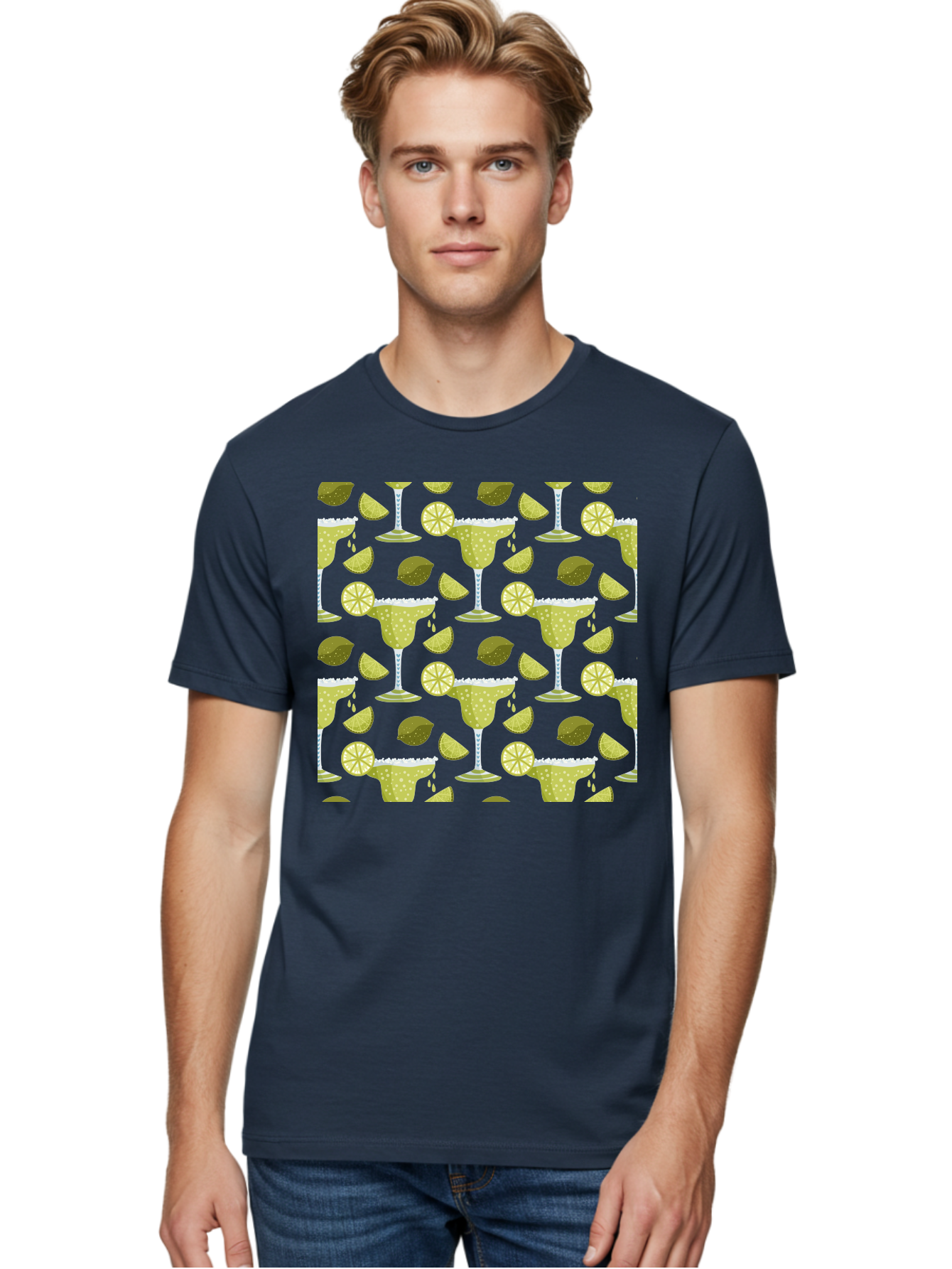 Margarita-Glasses-Lime-Wedges Men'S Graphic Tee, 100% Cotton, Comfortable Casual Summer Wear, Machine Washable, Margarita Glasses, Cocktail Glasses, Yellow Polka Dots, Salt Rims, Lime Wedges, Citrus Slices, Festive Patterns, -  Aaa277