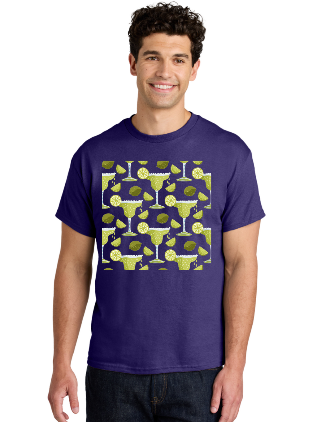 Margarita-Glasses-Lime-Wedges Men'S Graphic Tee, 100% Cotton, Comfortable Casual Summer Wear, Machine Washable, Margarita Glasses, Cocktail Glasses, Yellow Polka Dots, Salt Rims, Lime Wedges, Citrus Slices, Festive Patterns, -  Aaa277