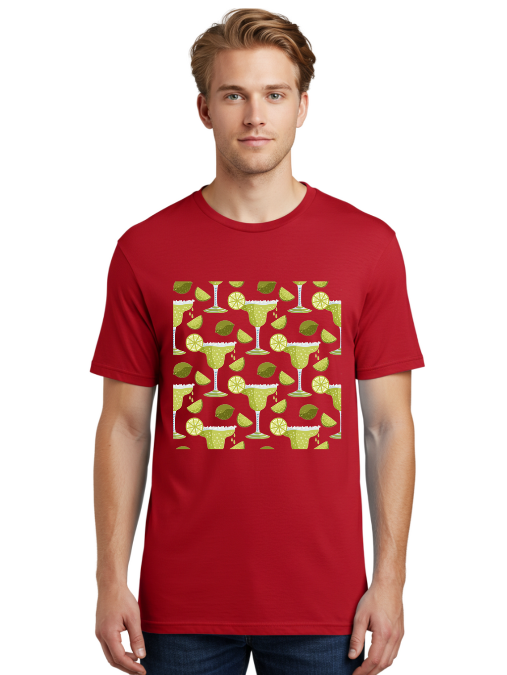 Margarita-Glasses-Lime-Wedges Men'S Graphic Tee, 100% Cotton, Comfortable Casual Summer Wear, Machine Washable, Margarita Glasses, Cocktail Glasses, Yellow Polka Dots, Salt Rims, Lime Wedges, Citrus Slices, Festive Patterns, -  Aaa277
