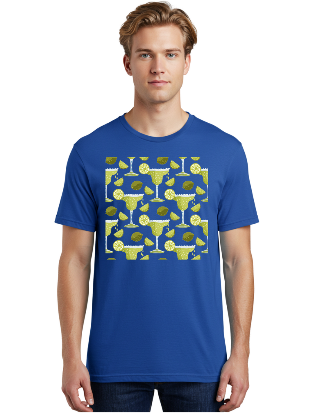 Margarita-Glasses-Lime-Wedges Men'S Graphic Tee, 100% Cotton, Comfortable Casual Summer Wear, Machine Washable, Margarita Glasses, Cocktail Glasses, Yellow Polka Dots, Salt Rims, Lime Wedges, Citrus Slices, Festive Patterns, -  Aaa277
