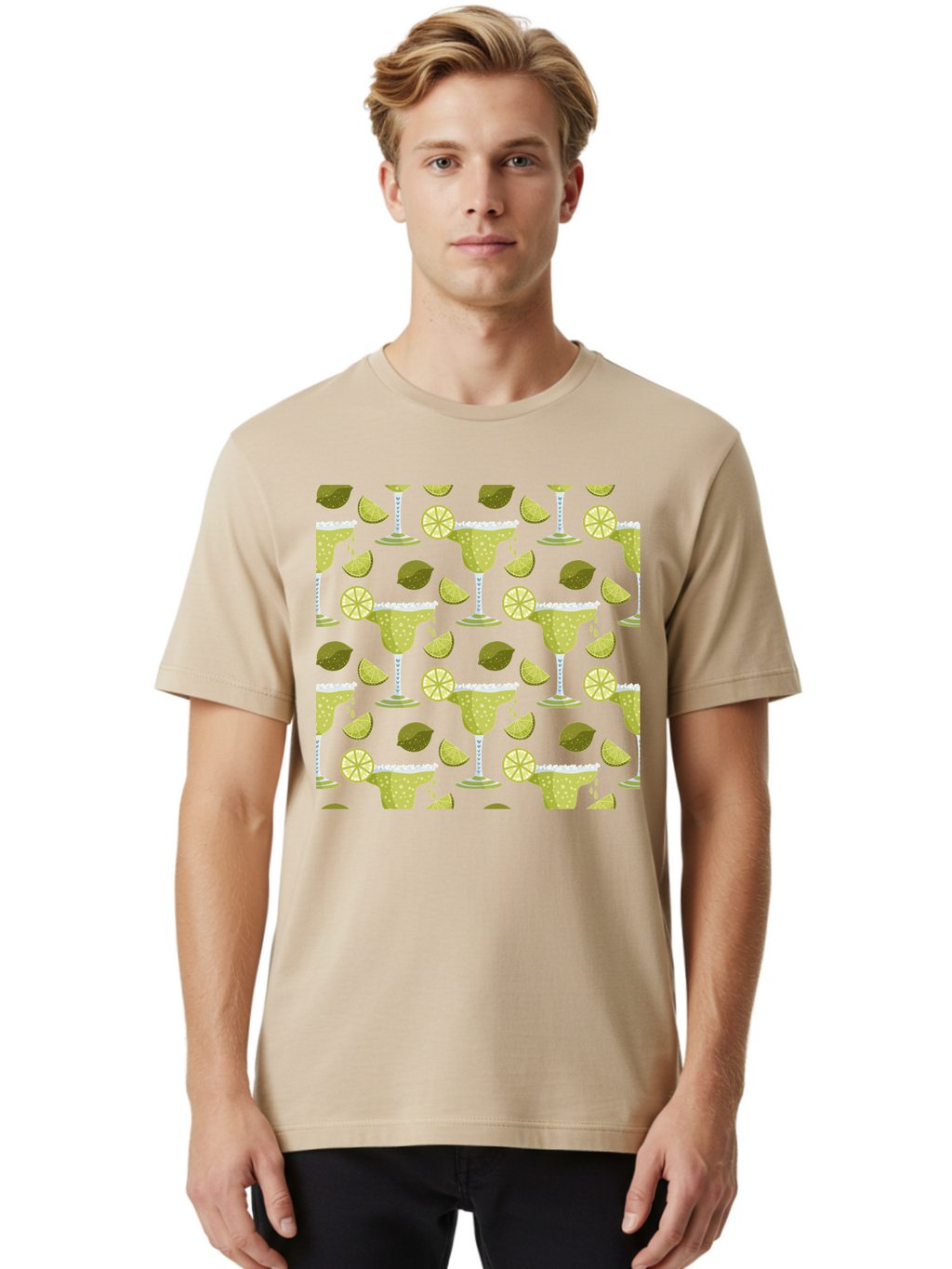 Margarita-Glasses-Lime-Wedges Men'S Graphic Tee, 100% Cotton, Comfortable Casual Summer Wear, Machine Washable, Margarita Glasses, Cocktail Glasses, Yellow Polka Dots, Salt Rims, Lime Wedges, Citrus Slices, Festive Patterns, -  Aaa277