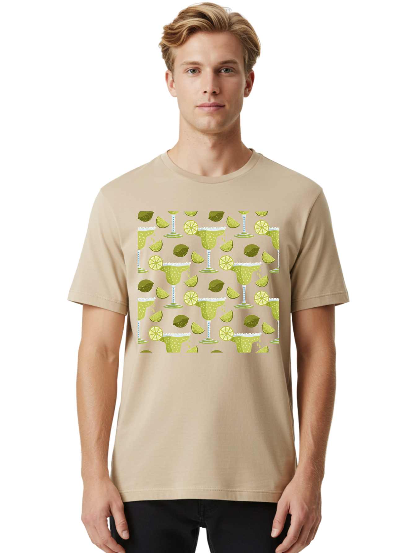 Margarita-Glasses-Lime-Wedges Men'S Graphic Tee, 100% Cotton, Comfortable Casual Summer Wear, Machine Washable, Margarita Glasses, Cocktail Glasses, Yellow Polka Dots, Salt Rims, Lime Wedges, Citrus Slices, Festive Patterns, -  Aaa277