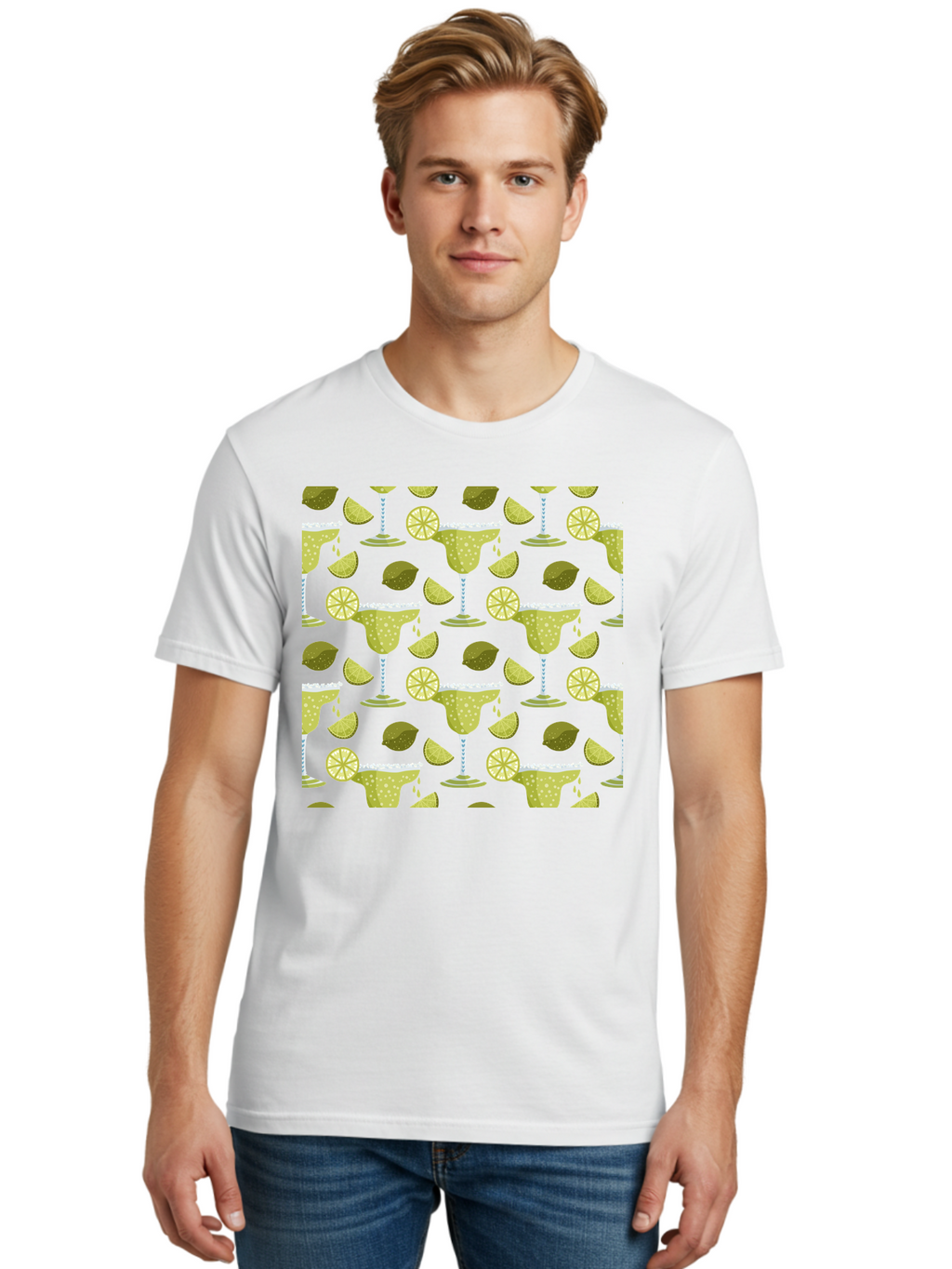 Margarita-Glasses-Lime-Wedges Men'S Graphic Tee, 100% Cotton, Comfortable Casual Summer Wear, Machine Washable, Margarita Glasses, Cocktail Glasses, Yellow Polka Dots, Salt Rims, Lime Wedges, Citrus Slices, Festive Patterns, -  Aaa277