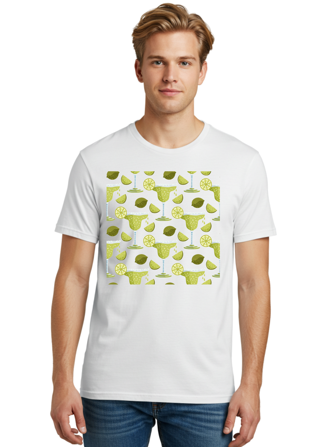 Margarita-Glasses-Lime-Wedges Men'S Graphic Tee, 100% Cotton, Comfortable Casual Summer Wear, Machine Washable, Margarita Glasses, Cocktail Glasses, Yellow Polka Dots, Salt Rims, Lime Wedges, Citrus Slices, Festive Patterns, -  Aaa277