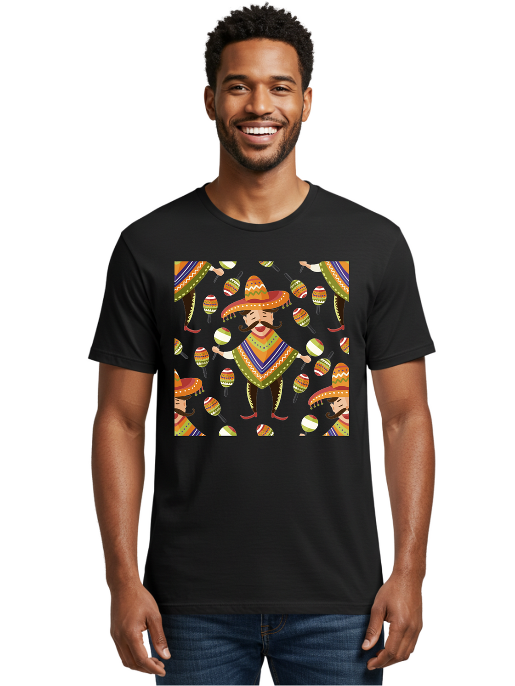 Mariachi-Pattern Men'S Graphic Tee, 100% Cotton, Comfortable Casual Summer Wear, Machine Washable, Mexican Mariachi, Colorful Sombrero, Traditional Clothing, Maracas, Festive Atmosphere, Lively Music, Vibrant Colors, Cultural Heritage, -  Aaa278