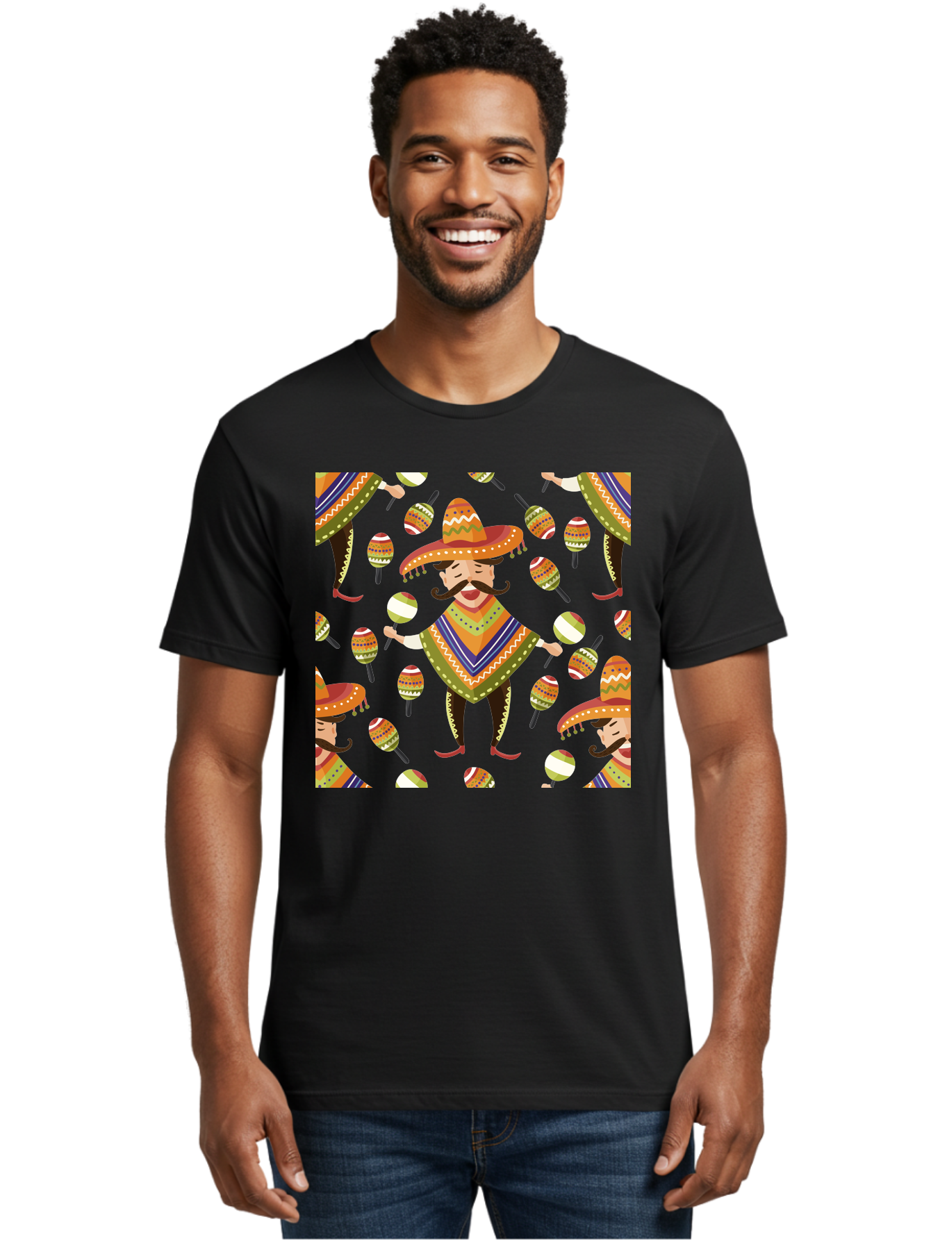 Mariachi-Pattern Men'S Graphic Tee, 100% Cotton, Comfortable Casual Summer Wear, Machine Washable, Mexican Mariachi, Colorful Sombrero, Traditional Clothing, Maracas, Festive Atmosphere, Lively Music, Vibrant Colors, Cultural Heritage, -  Aaa278