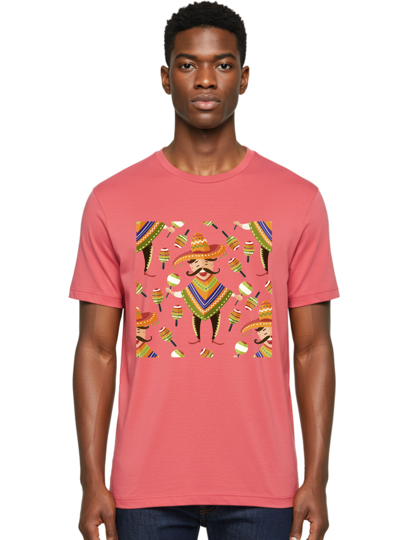Mariachi-Pattern Men'S Graphic Tee, 100% Cotton, Comfortable Casual Summer Wear, Machine Washable, Mexican Mariachi, Colorful Sombrero, Traditional Clothing, Maracas, Festive Atmosphere, Lively Music, Vibrant Colors, Cultural Heritage, -  Aaa278