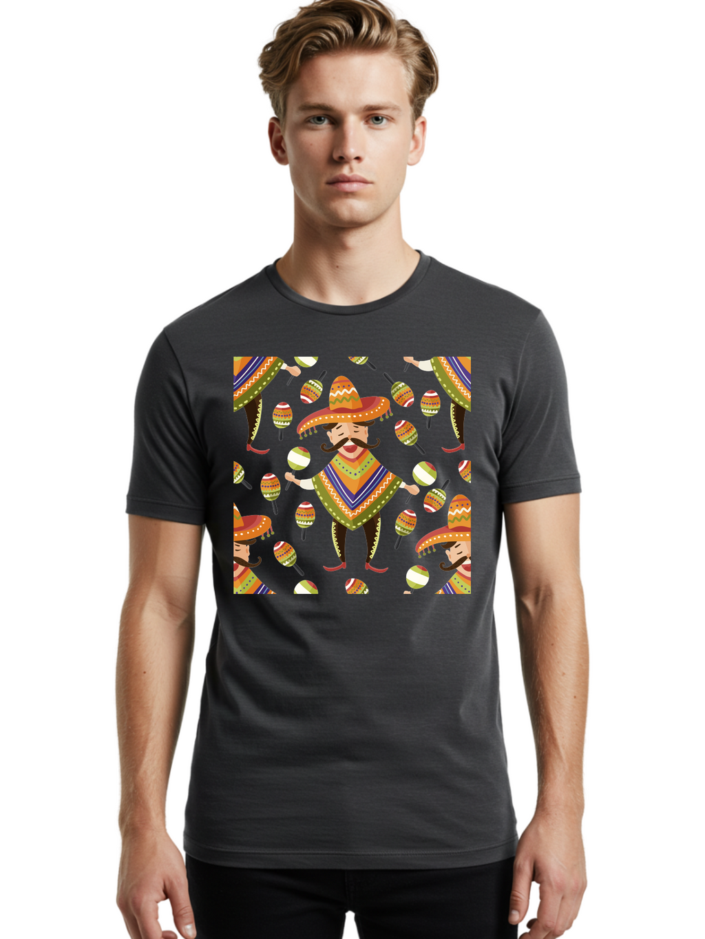 Mariachi-Pattern Men'S Graphic Tee, 100% Cotton, Comfortable Casual Summer Wear, Machine Washable, Mexican Mariachi, Colorful Sombrero, Traditional Clothing, Maracas, Festive Atmosphere, Lively Music, Vibrant Colors, Cultural Heritage, -  Aaa278