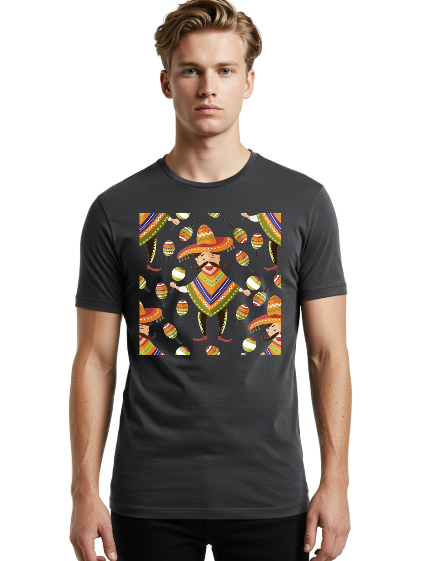 Mariachi-Pattern Men'S Graphic Tee, 100% Cotton, Comfortable Casual Summer Wear, Machine Washable, Mexican Mariachi, Colorful Sombrero, Traditional Clothing, Maracas, Festive Atmosphere, Lively Music, Vibrant Colors, Cultural Heritage, -  Aaa278
