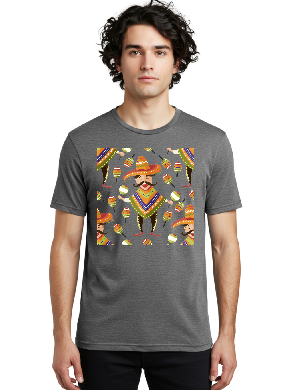 Mariachi-Pattern Men'S Graphic Tee, 100% Cotton, Comfortable Casual Summer Wear, Machine Washable, Mexican Mariachi, Colorful Sombrero, Traditional Clothing, Maracas, Festive Atmosphere, Lively Music, Vibrant Colors, Cultural Heritage, -  Aaa278