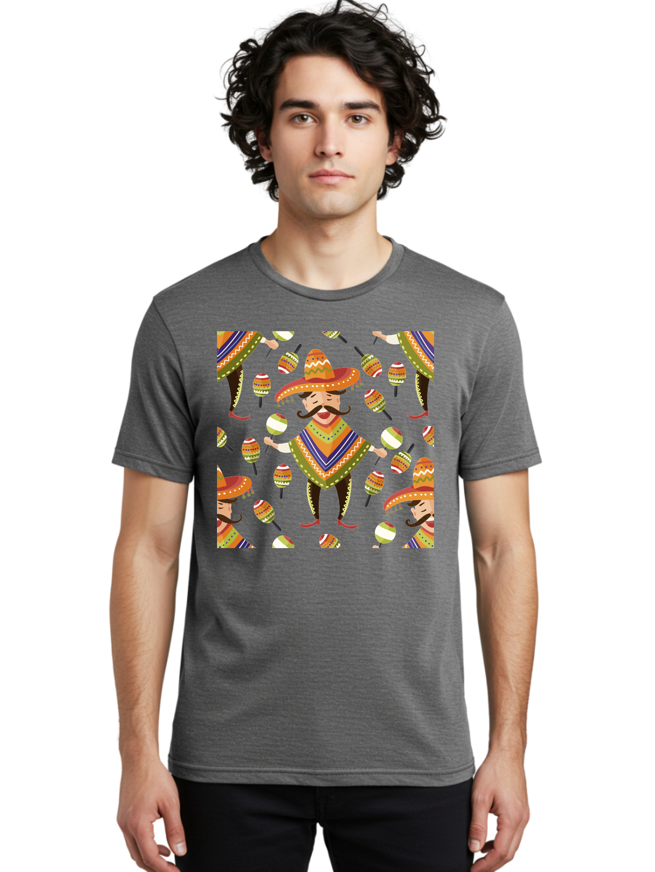 Mariachi-Pattern Men'S Graphic Tee, 100% Cotton, Comfortable Casual Summer Wear, Machine Washable, Mexican Mariachi, Colorful Sombrero, Traditional Clothing, Maracas, Festive Atmosphere, Lively Music, Vibrant Colors, Cultural Heritage, -  Aaa278