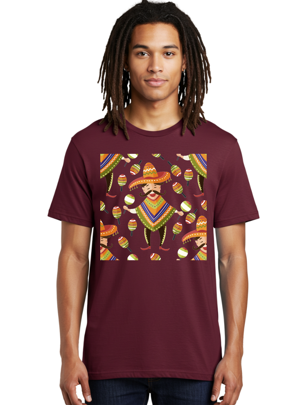 Mariachi-Pattern Men'S Graphic Tee, 100% Cotton, Comfortable Casual Summer Wear, Machine Washable, Mexican Mariachi, Colorful Sombrero, Traditional Clothing, Maracas, Festive Atmosphere, Lively Music, Vibrant Colors, Cultural Heritage, -  Aaa278