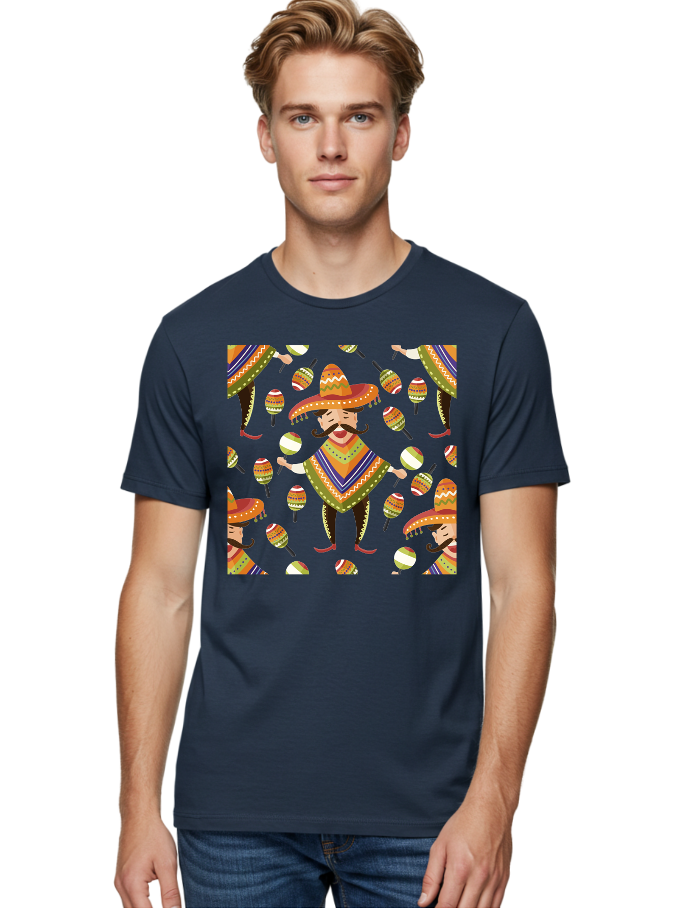 Mariachi-Pattern Men'S Graphic Tee, 100% Cotton, Comfortable Casual Summer Wear, Machine Washable, Mexican Mariachi, Colorful Sombrero, Traditional Clothing, Maracas, Festive Atmosphere, Lively Music, Vibrant Colors, Cultural Heritage, -  Aaa278