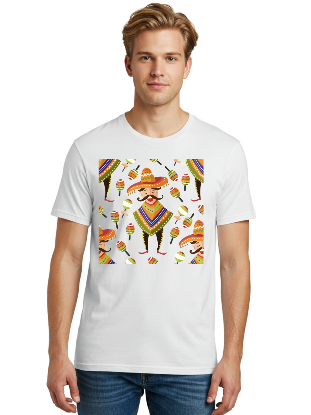 Mariachi-Pattern Men'S Graphic Tee, 100% Cotton, Comfortable Casual Summer Wear, Machine Washable, Mexican Mariachi, Colorful Sombrero, Traditional Clothing, Maracas, Festive Atmosphere, Lively Music, Vibrant Colors, Cultural Heritage, -  Aaa278