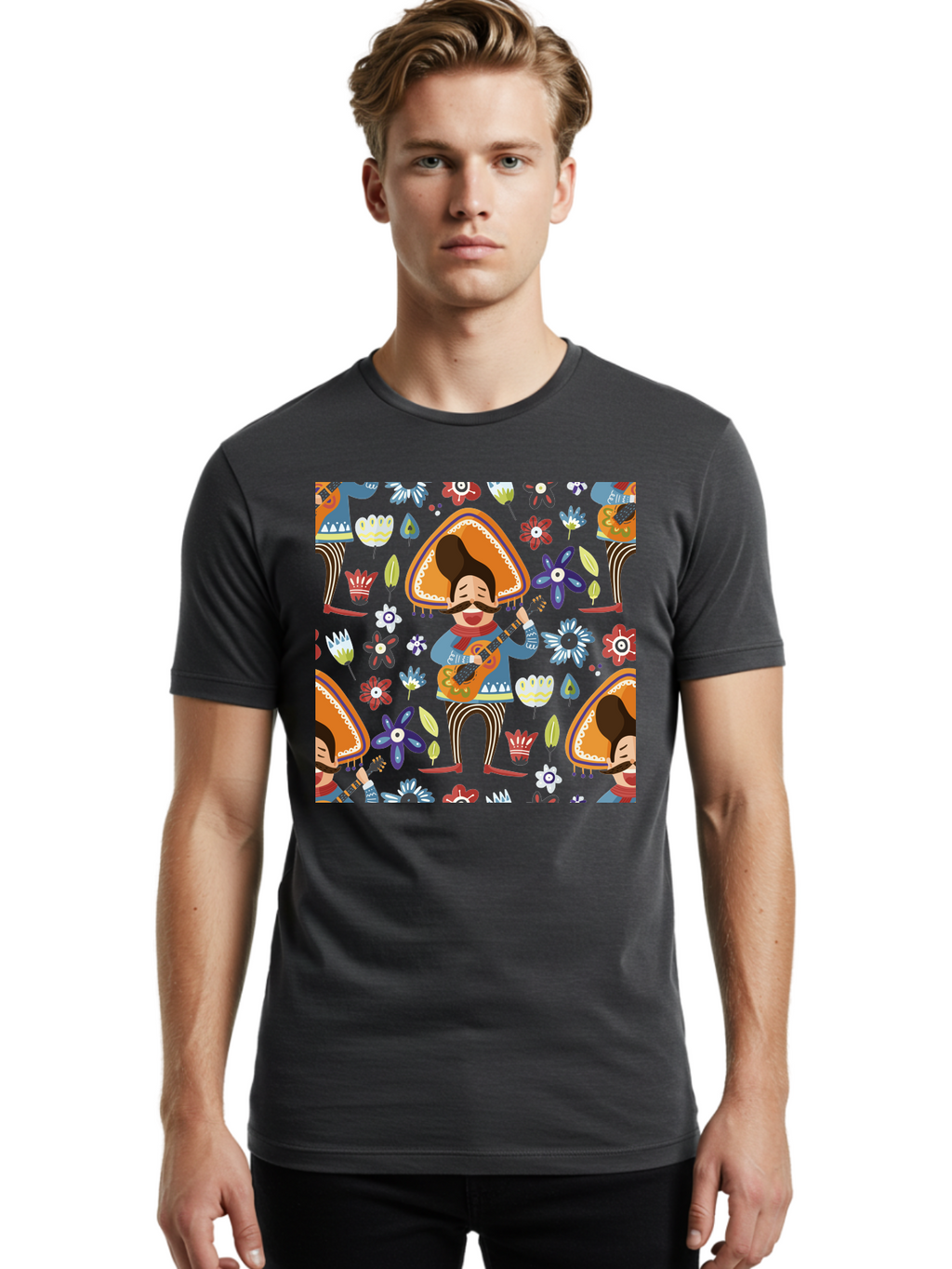 Mexican-Guitarist Men'S Graphic Tee, 100% Cotton, Comfortable Casual Summer Wear, Machine Washable, Mariachi Man Playing Guitar, Sombrero Hat, Mustache, Vibrant Flowers, Festive Atmosphere, Lively Music, Cultural Heritage, -  Aaa279