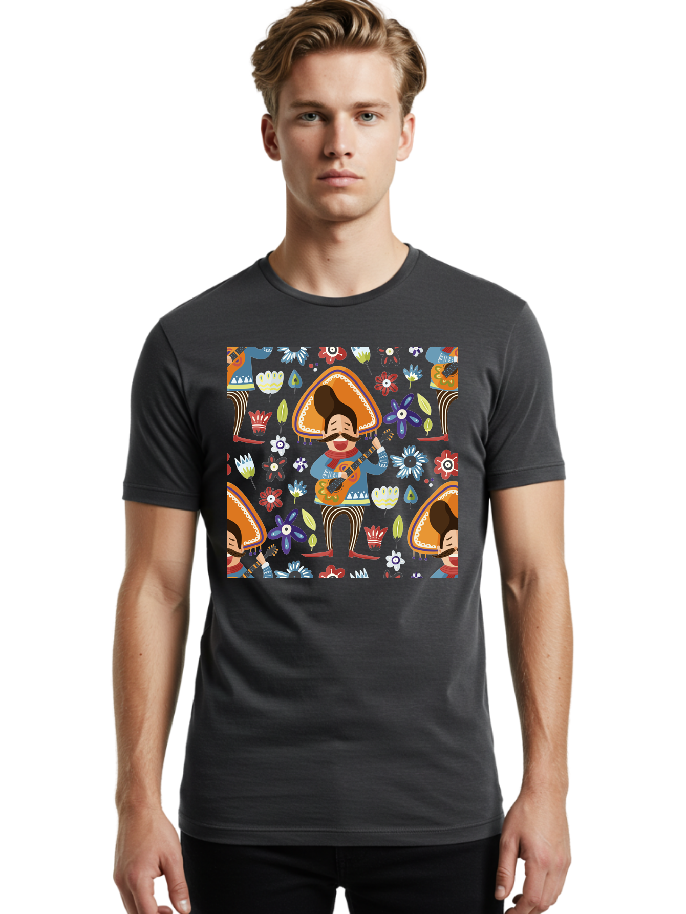 Mexican-Guitarist Men'S Graphic Tee, 100% Cotton, Comfortable Casual Summer Wear, Machine Washable, Mariachi Man Playing Guitar, Sombrero Hat, Mustache, Vibrant Flowers, Festive Atmosphere, Lively Music, Cultural Heritage, -  Aaa279