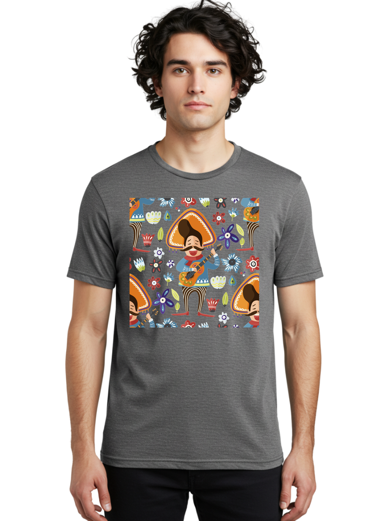 Mexican-Guitarist Men'S Graphic Tee, 100% Cotton, Comfortable Casual Summer Wear, Machine Washable, Mariachi Man Playing Guitar, Sombrero Hat, Mustache, Vibrant Flowers, Festive Atmosphere, Lively Music, Cultural Heritage, -  Aaa279