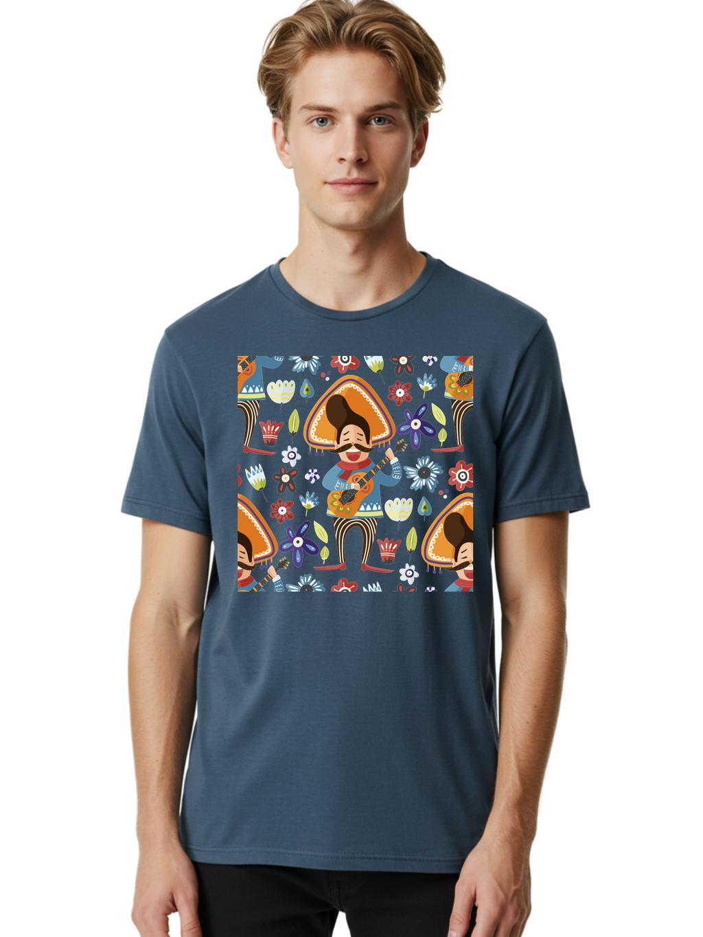 Mexican-Guitarist Men'S Graphic Tee, 100% Cotton, Comfortable Casual Summer Wear, Machine Washable, Mariachi Man Playing Guitar, Sombrero Hat, Mustache, Vibrant Flowers, Festive Atmosphere, Lively Music, Cultural Heritage, -  Aaa279