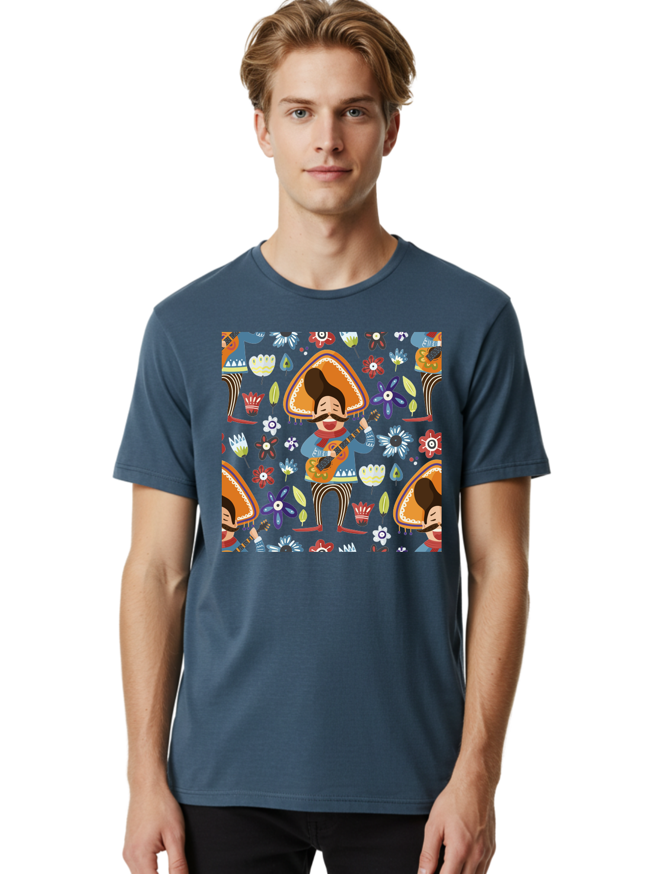 Mexican-Guitarist Men'S Graphic Tee, 100% Cotton, Comfortable Casual Summer Wear, Machine Washable, Mariachi Man Playing Guitar, Sombrero Hat, Mustache, Vibrant Flowers, Festive Atmosphere, Lively Music, Cultural Heritage, -  Aaa279