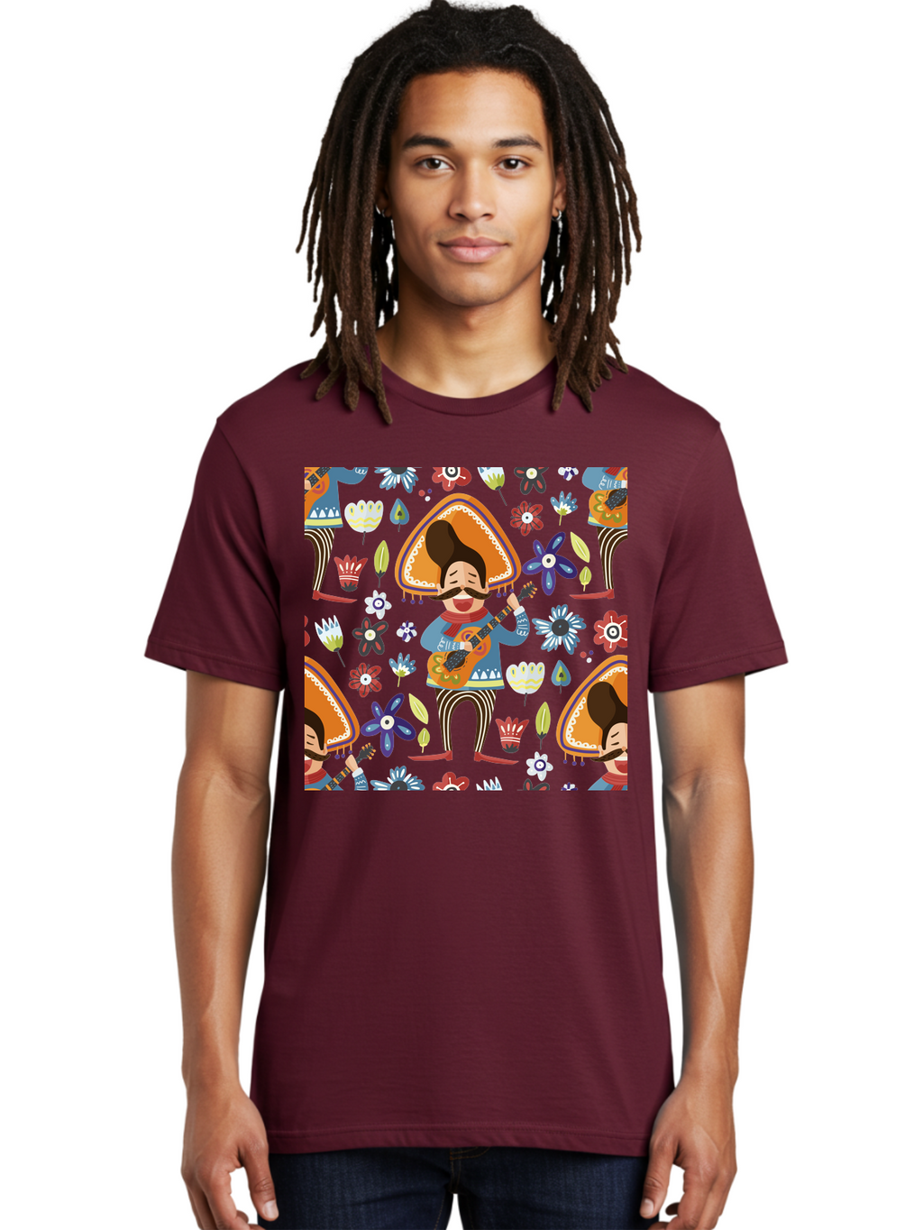 Mexican-Guitarist Men'S Graphic Tee, 100% Cotton, Comfortable Casual Summer Wear, Machine Washable, Mariachi Man Playing Guitar, Sombrero Hat, Mustache, Vibrant Flowers, Festive Atmosphere, Lively Music, Cultural Heritage, -  Aaa279