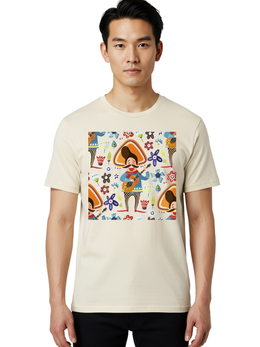 Mexican-Guitarist Men'S Graphic Tee, 100% Cotton, Comfortable Casual Summer Wear, Machine Washable, Mariachi Man Playing Guitar, Sombrero Hat, Mustache, Vibrant Flowers, Festive Atmosphere, Lively Music, Cultural Heritage, -  Aaa279