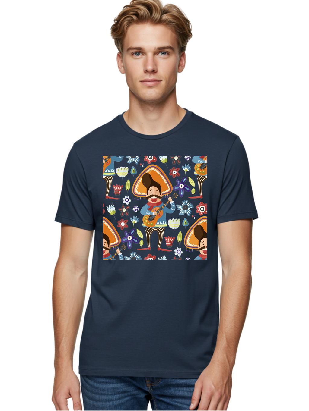 Mexican-Guitarist Men'S Graphic Tee, 100% Cotton, Comfortable Casual Summer Wear, Machine Washable, Mariachi Man Playing Guitar, Sombrero Hat, Mustache, Vibrant Flowers, Festive Atmosphere, Lively Music, Cultural Heritage, -  Aaa279