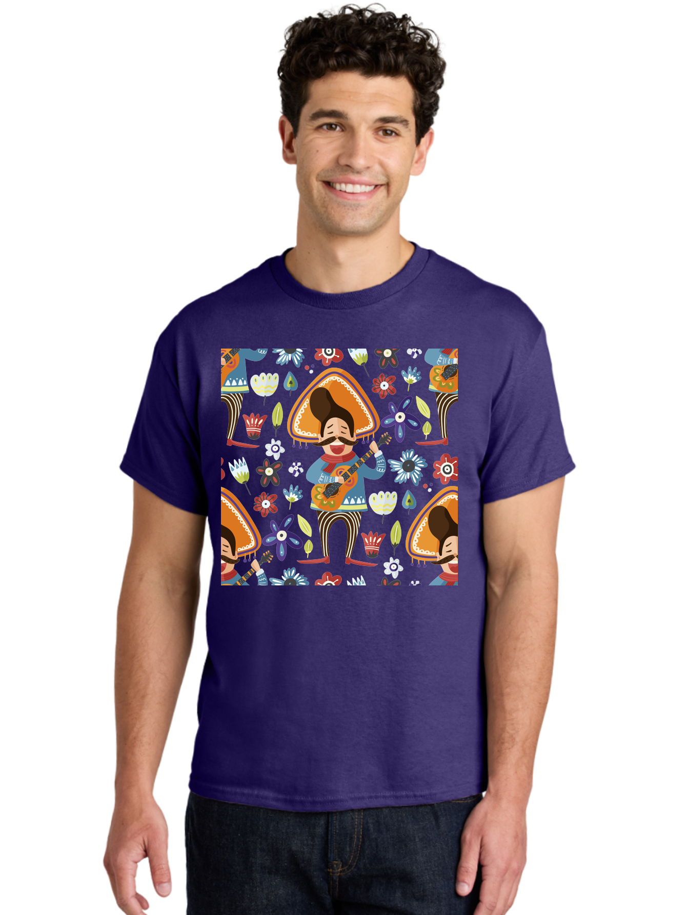 Mexican-Guitarist Men'S Graphic Tee, 100% Cotton, Comfortable Casual Summer Wear, Machine Washable, Mariachi Man Playing Guitar, Sombrero Hat, Mustache, Vibrant Flowers, Festive Atmosphere, Lively Music, Cultural Heritage, -  Aaa279