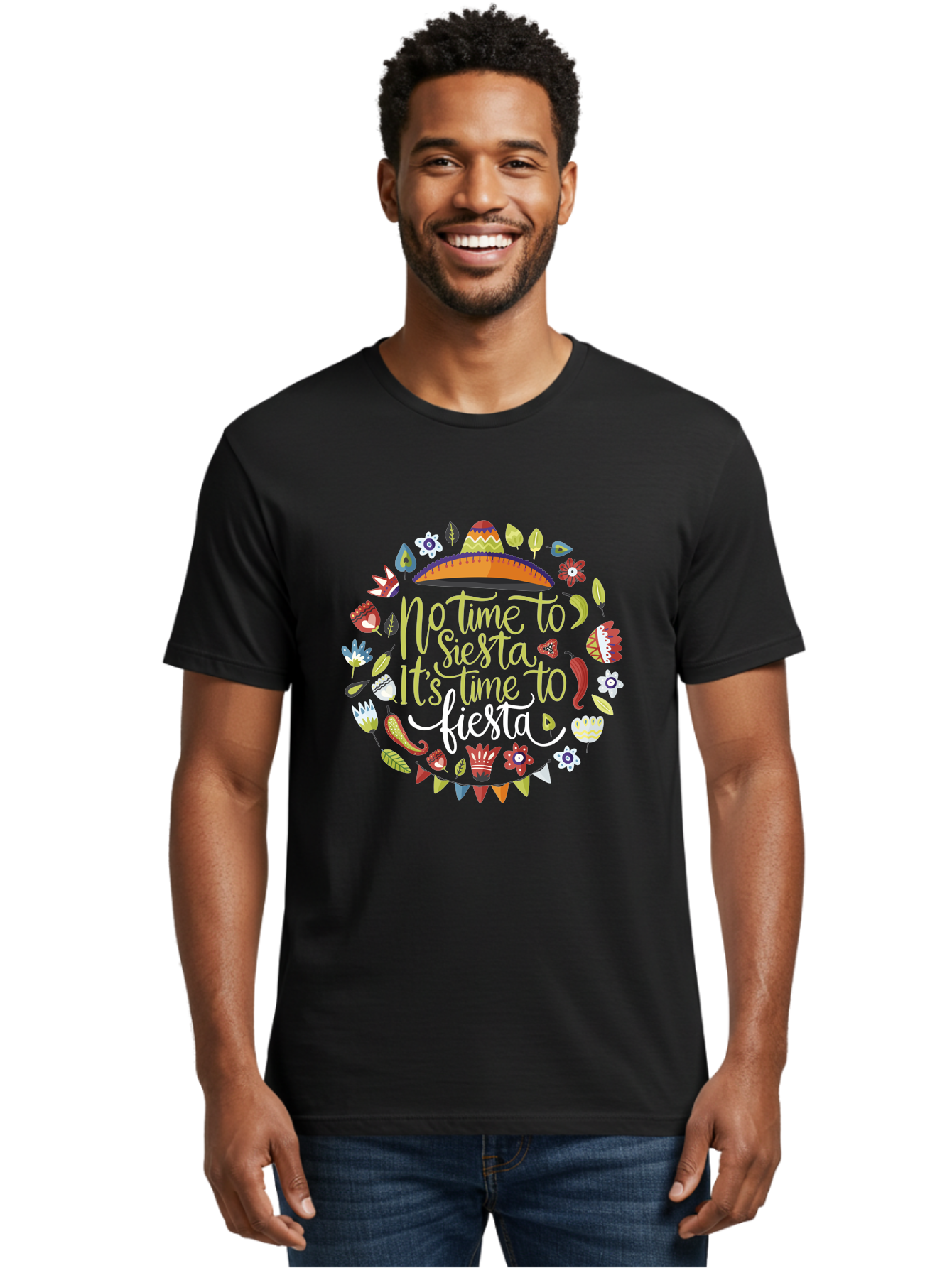 No-Time-To-Siesta-It-S-Time-To-Fiesta Men'S Graphic Tee, 100% Cotton, Comfortable Casual Summer Wear, Machine Washable, Fiesta Theme, Mexican Culture, Vibrant Colors, Party Decorations, Festive Atmosphere, Taco, Chili Pepper, Flowers, -  Aaa288