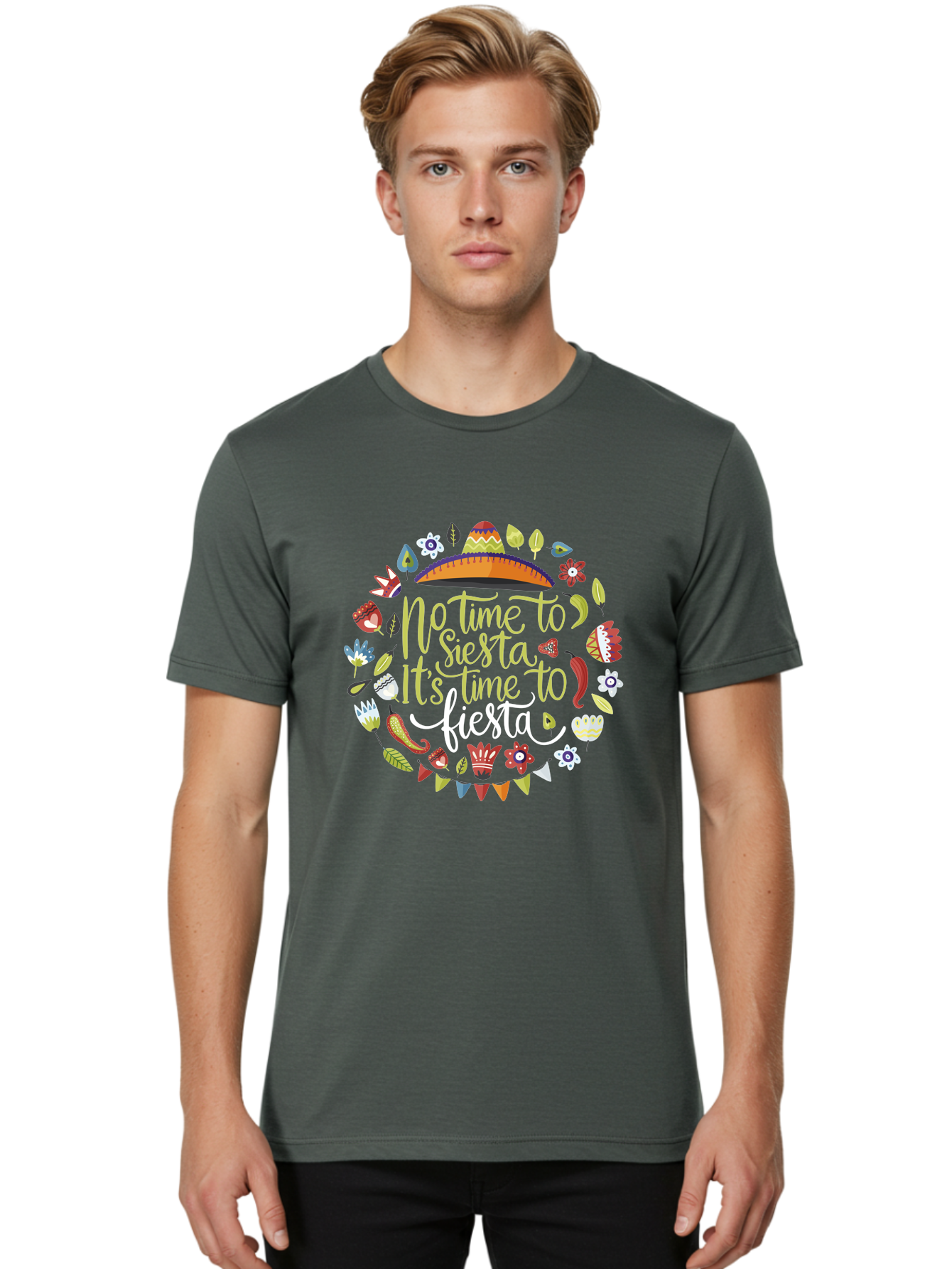 No-Time-To-Siesta-It-S-Time-To-Fiesta Men'S Graphic Tee, 100% Cotton, Comfortable Casual Summer Wear, Machine Washable, Fiesta Theme, Mexican Culture, Vibrant Colors, Party Decorations, Festive Atmosphere, Taco, Chili Pepper, Flowers, -  Aaa288
