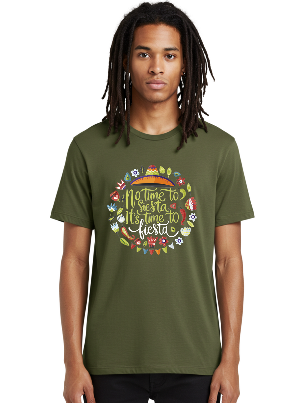No-Time-To-Siesta-It-S-Time-To-Fiesta Men'S Graphic Tee, 100% Cotton, Comfortable Casual Summer Wear, Machine Washable, Fiesta Theme, Mexican Culture, Vibrant Colors, Party Decorations, Festive Atmosphere, Taco, Chili Pepper, Flowers, -  Aaa288