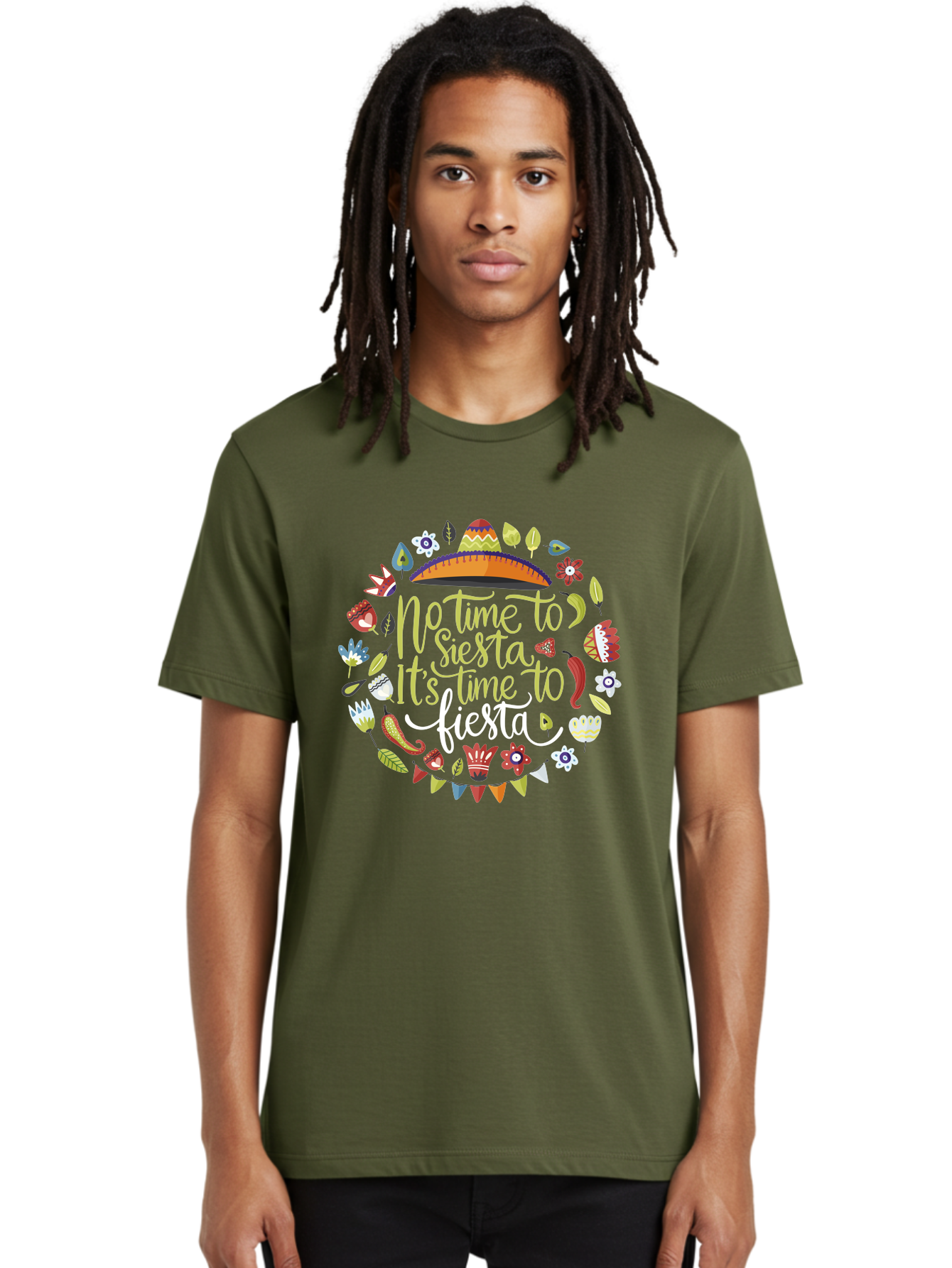 No-Time-To-Siesta-It-S-Time-To-Fiesta Men'S Graphic Tee, 100% Cotton, Comfortable Casual Summer Wear, Machine Washable, Fiesta Theme, Mexican Culture, Vibrant Colors, Party Decorations, Festive Atmosphere, Taco, Chili Pepper, Flowers, -  Aaa288