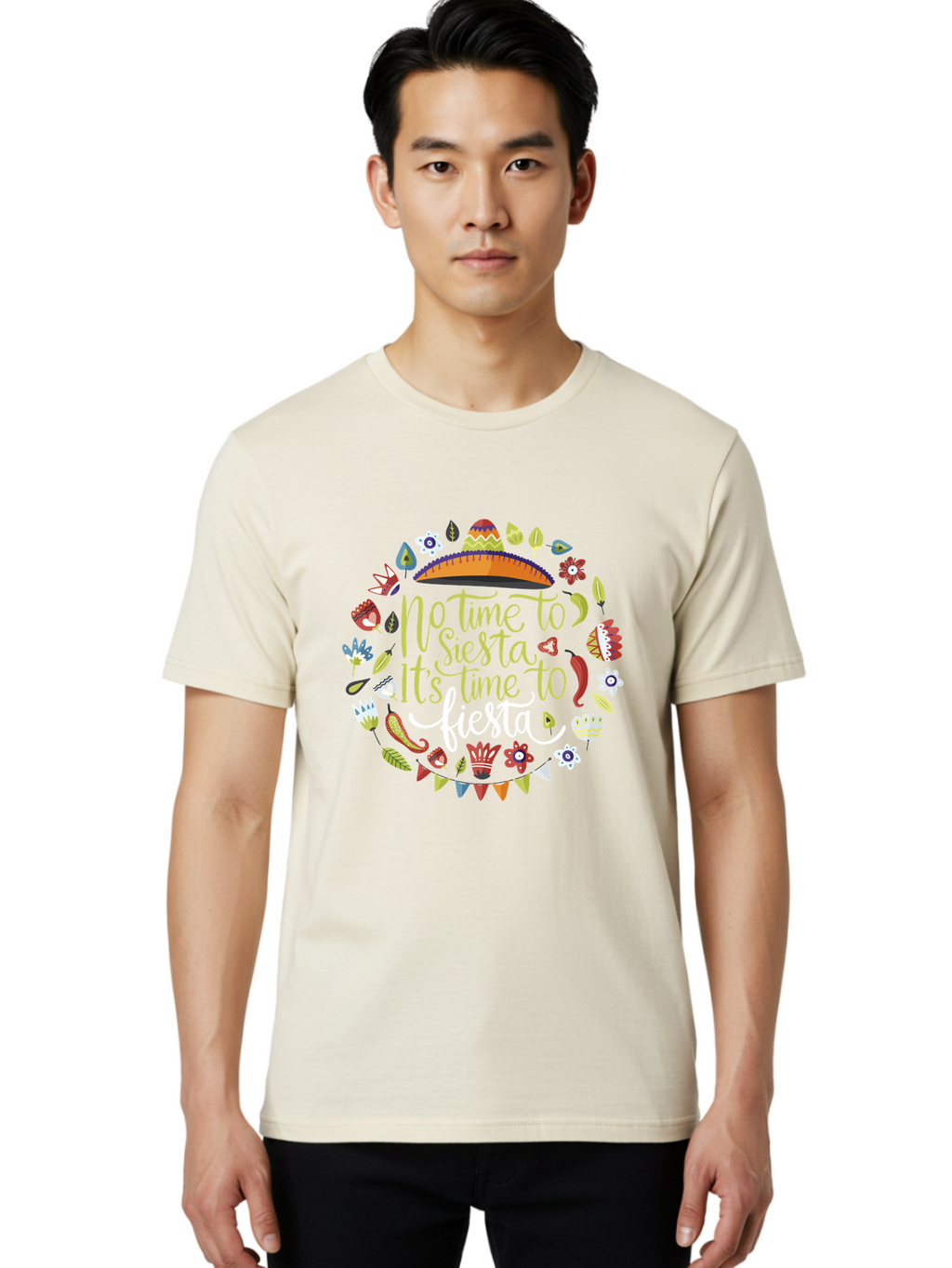 No-Time-To-Siesta-It-S-Time-To-Fiesta Men'S Graphic Tee, 100% Cotton, Comfortable Casual Summer Wear, Machine Washable, Fiesta Theme, Mexican Culture, Vibrant Colors, Party Decorations, Festive Atmosphere, Taco, Chili Pepper, Flowers, -  Aaa288