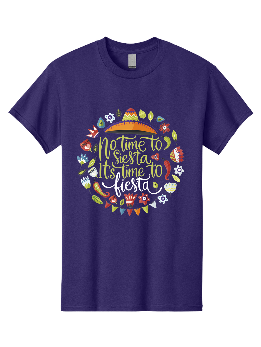 No-Time-To-Siesta-It-S-Time-To-Fiesta Men'S Graphic Tee, 100% Cotton, Comfortable Casual Summer Wear, Machine Washable, Fiesta Theme, Mexican Culture, Vibrant Colors, Party Decorations, Festive Atmosphere, Taco, Chili Pepper, Flowers, -  Aaa288